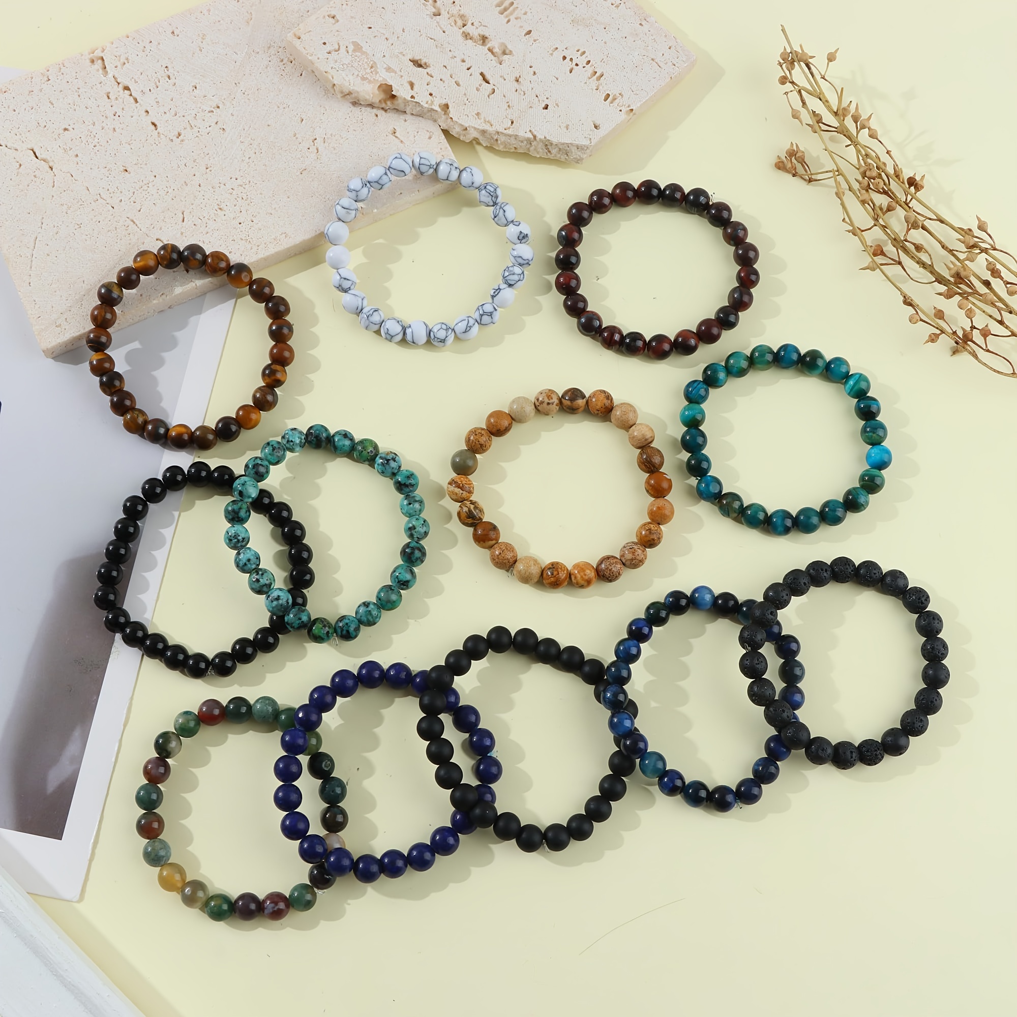 Women's 12 Natural Stone Beaded Stretch Bracelet Set